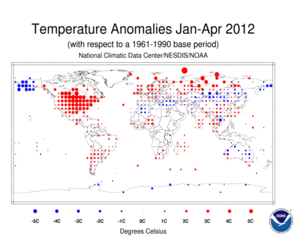 January–April 2012 Land Surface Temperature Anomalies in degree Celsius