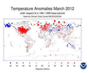 March 2012 Land Surface Temperature Anomalies in degree Celsius