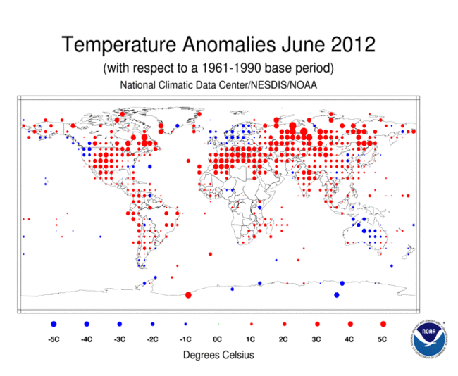June 2012 Land Surface Temperature Anomalies in degree Celsius