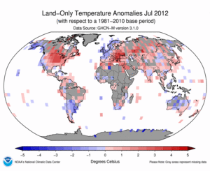 July 2012 Land Surface Temperature Anomalies in degree Celsius