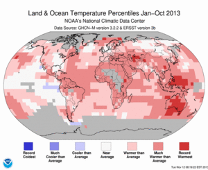 January–October Blended Land and Sea Surface Temperature Percentiles