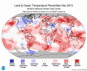 December Blended Land and Sea Surface Temperature Percentiles