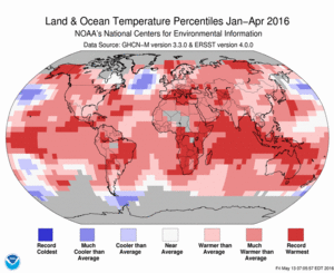 January-April Blended Land and Sea Surface Temperature Percentiles