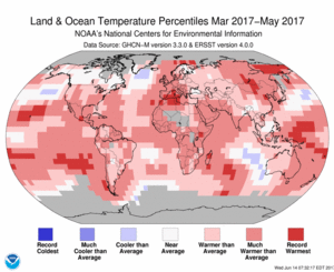 March-May Blended Land and Sea Surface Temperature Percentiles