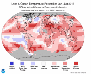 January-June Blended Land and Sea Surface Temperature Percentiles