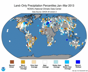 January - March 2013 Land-Only Precipitation Percentiles