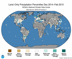 December 2014 - February 2015 Land-Only Precipitation Percentiles
