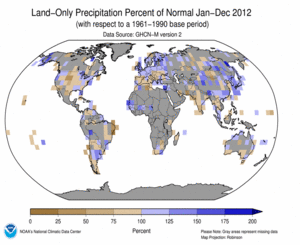 January–December 2012 Land-Only Precipitation Percent of Normal