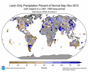 September–November 2012 Land-Only Precipitation Percent of Normal