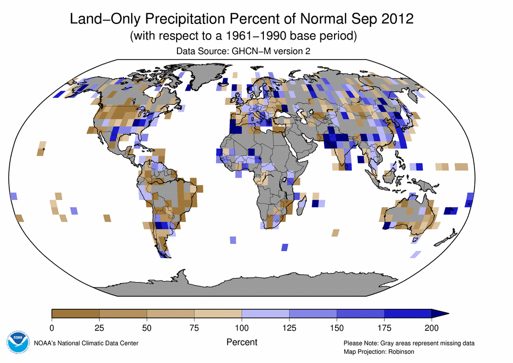 September 2012 Land-Only Precipitation Percent of Normal