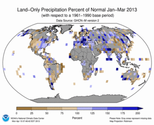 January - March 2013 Land-Only Precipitation Percent of Normal