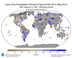 March 2014 - May 2014 Land-Only Precipitation Percent of Normal