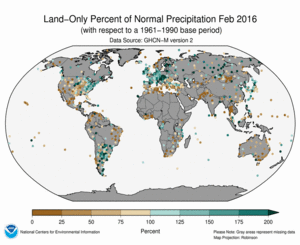 February 2016 Land-Only Precipitation Percent of Normal