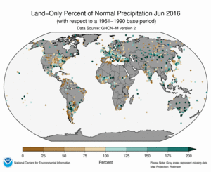 June 2016 Land-Only Precipitation Percent of Normal