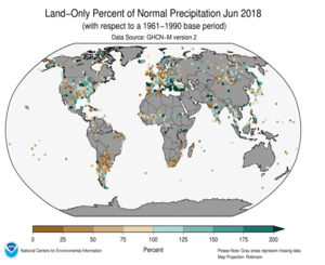 June 2018 Land-Only Precipitation Percent of Normal