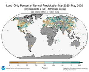 March-May 2020 Land-Only Precipitation Percent of Normal