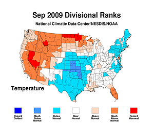 Divisional temperature ranks for September 2009