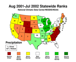 map showing Statewide Precipitation Ranks for August-July 2002