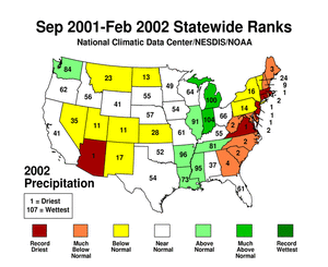 map showing Statewide Precipitation Ranks for September 2001 - February 2002