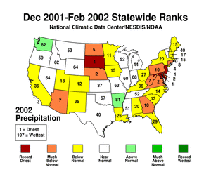 map showing Statewide Precipitation Ranks for Winter (Dec-Feb) 2002