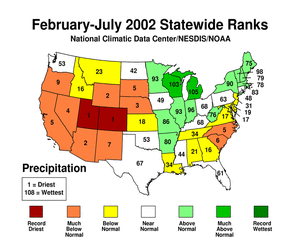 map showing Statewide Precipitation Ranks for February-July 2002