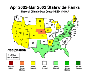 statewide precipitation ranks, April 2002-March 2003