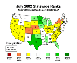 map showing Statewide Precipitation Ranks for July 2002
