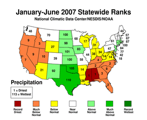 Statewide precipitation rank map, January-June 2007