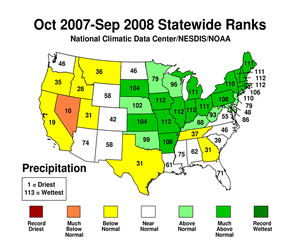 Statewide Precipitation Ranks, October 2007-September 2008