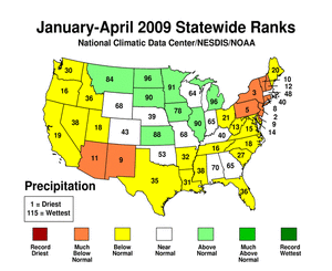 January-April 2009 statewide precipitation ranks
