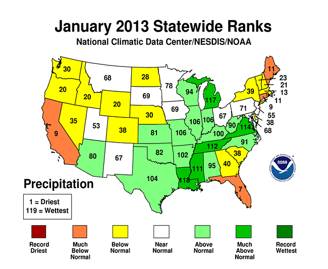 Year-to-date 2013 Statewide Precipitation Ranks Map