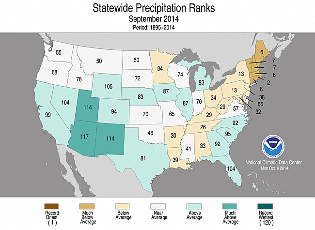September 2014 Statewide Precipitation Ranks Map
