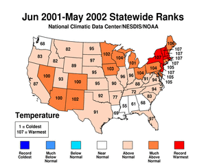U.S. Percent Area Very Warm and Very Cold, January 2001 - May 2002