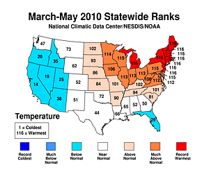 Spring 2010 Statewide Temperature Rank Map