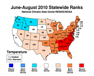 Summer 2010 Statewide Temperature Rank Map