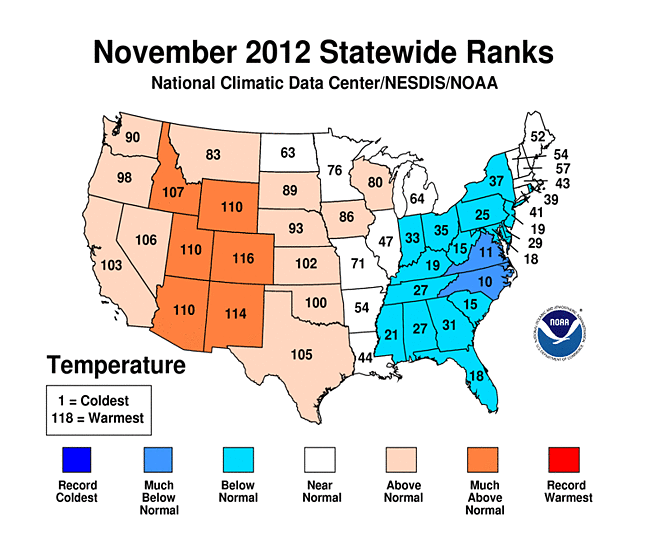 November 2012 Statewide Temperature Ranks Map
