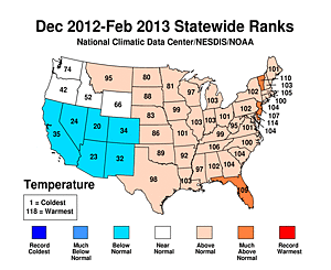 Winter 2012/2013 Statewide Temperature Rank Map