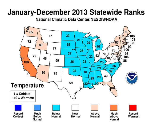 2013 Statewide Temperature Ranks Map