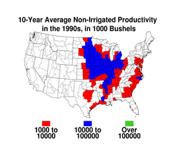 map of 10-year average non-irrigated soybean productivity in the 1990s, in 1000 bushels