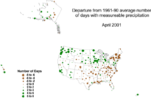  graphic showing Departure from Normal Number of Days with Measureable Precipitation Map, April 2001