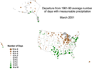 Departure from Normal Number of Days with Measureable Precipitation Map, March 2001