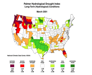 U.S. March 2001 Palmer Hydrological Drought Index Map