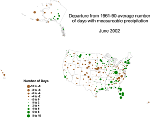 Click here for map showing the departure from normal of the number of days with precipitation for June 2002
