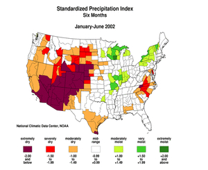 Click here for map showing 6-month SPI, January-June 2002