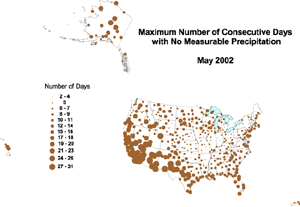 Click here for map showing greatest number of consecutive days with no measurable precipitation for May 2002