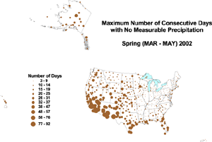 Click here for map showing spring (March-May) maximum number of consecutive days with no measurable precipitation