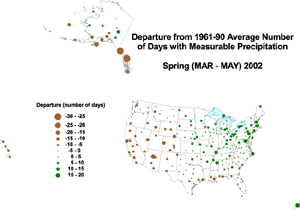Click here for map showing spring (March-May) 2002 departure from normal number of days with measurable precipitation