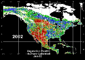 Click here for map showing June 2, 2002, North America Vegetation Health Index