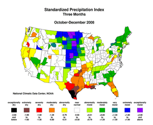 Standardized Precipitation Index, October-December 2008