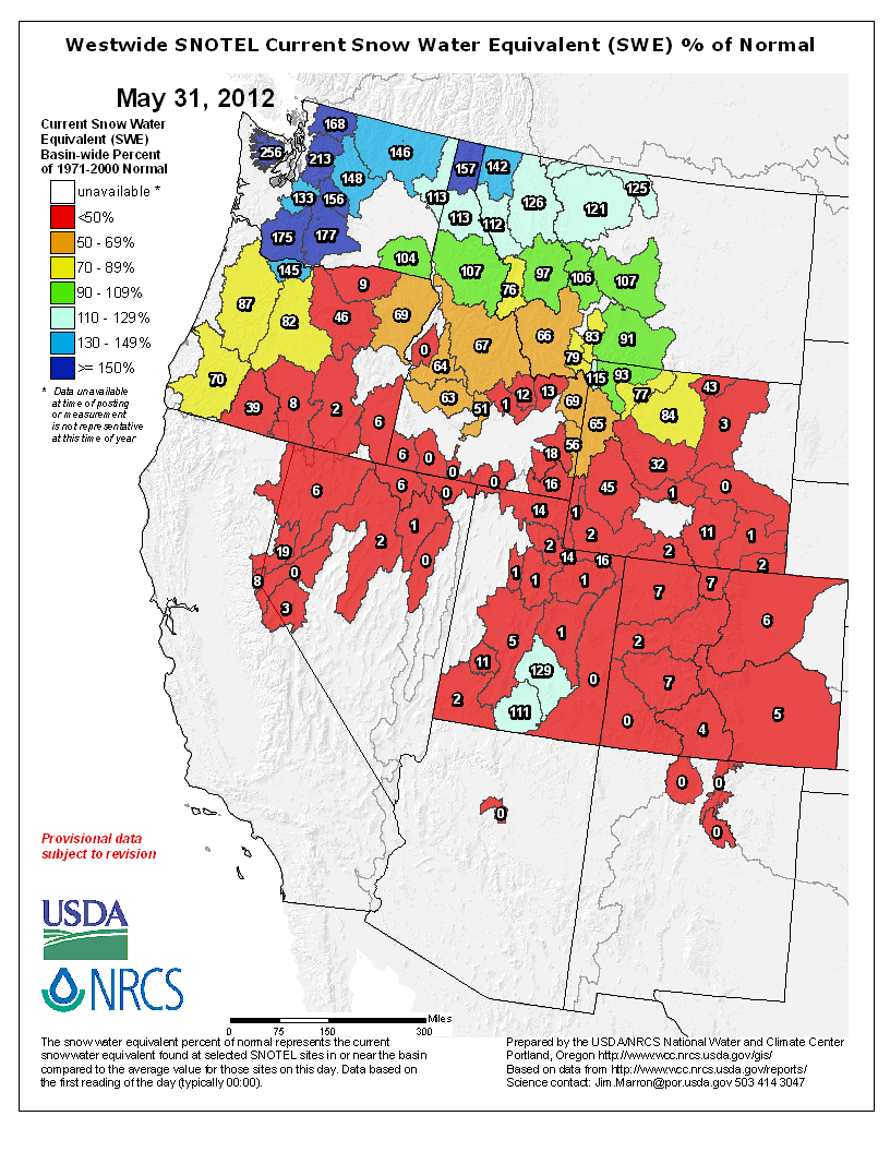 USDA western U.S. mountain snow water content anomaly map